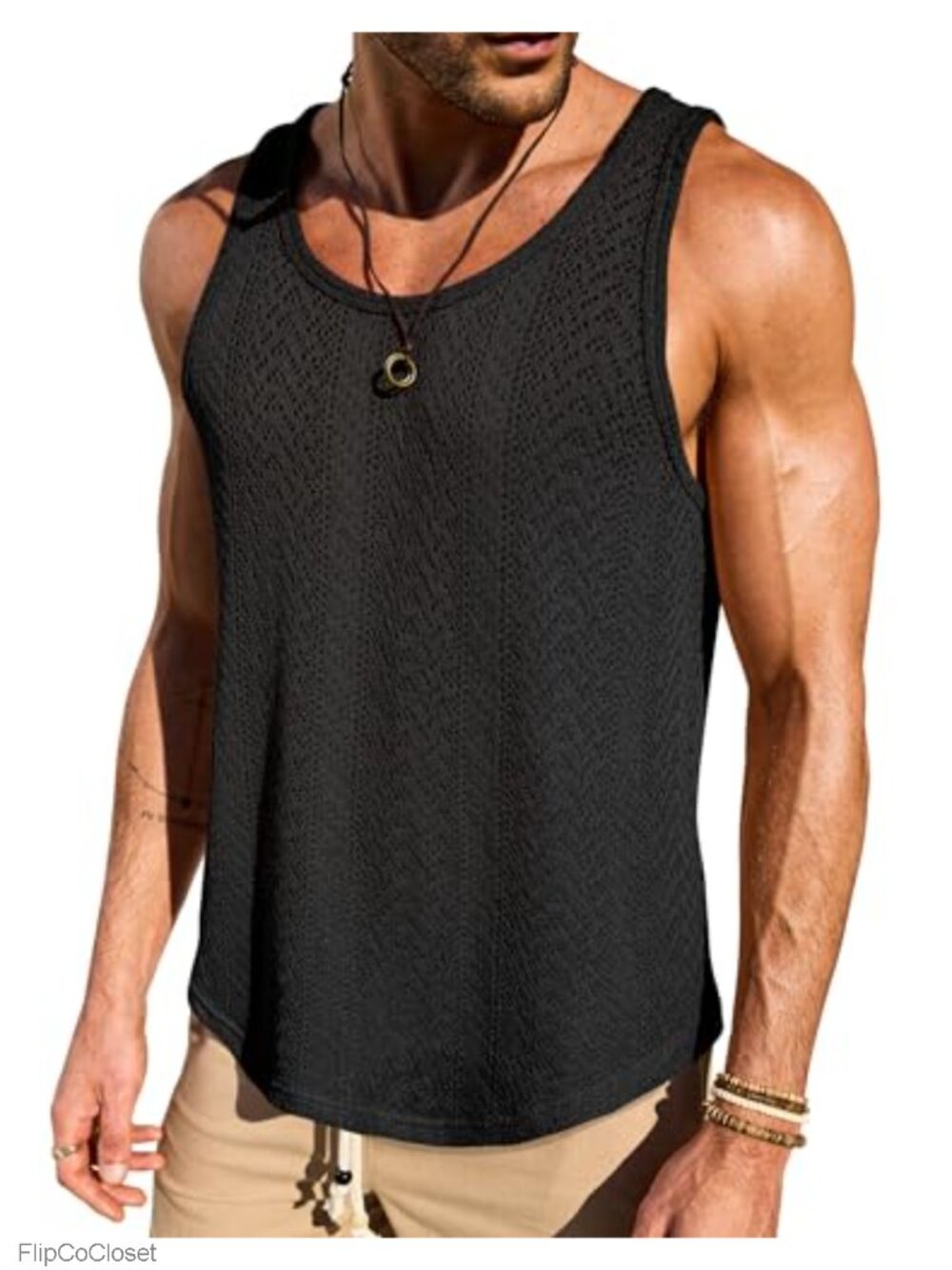 Mens Knit Crochet Tank Top Textured Sleeveless Scoop Neck Beach Shirt
